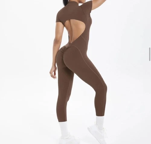 🌺Women’s Size M Brown Backless One-Piece Jumpsuit Scrunch Detail & Half Zipper