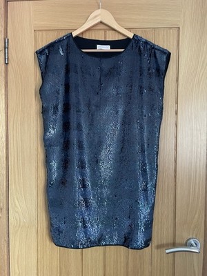 Moss Copenhagen Sequin Tunic Top Size S Oversized Midnight Blue Black Party Glam