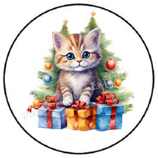 CHRISTMAS KITTEN WITH TREE PRESENTS ENVELOPE SEALS LABELS STICKERS PARTY FAVORS