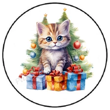 CHRISTMAS KITTEN WITH TREE PRESENTS ENVELOPE SEALS LABELS STICKERS PARTY FAVORS