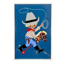 1960er Plastik-Bild von Mertens-Kunst: Seltener Cowboyjunge m. Steckenpferd 23cm