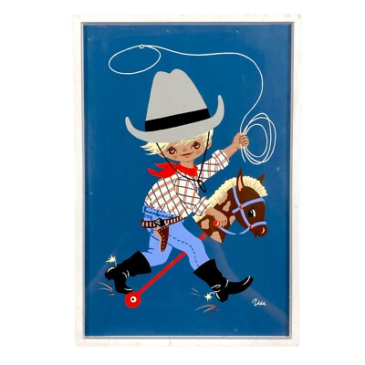 1960er Plastikbild Mertens-Kunst Kind 23cm Vintage Cowboy Lasso Spielzeug Pferd
