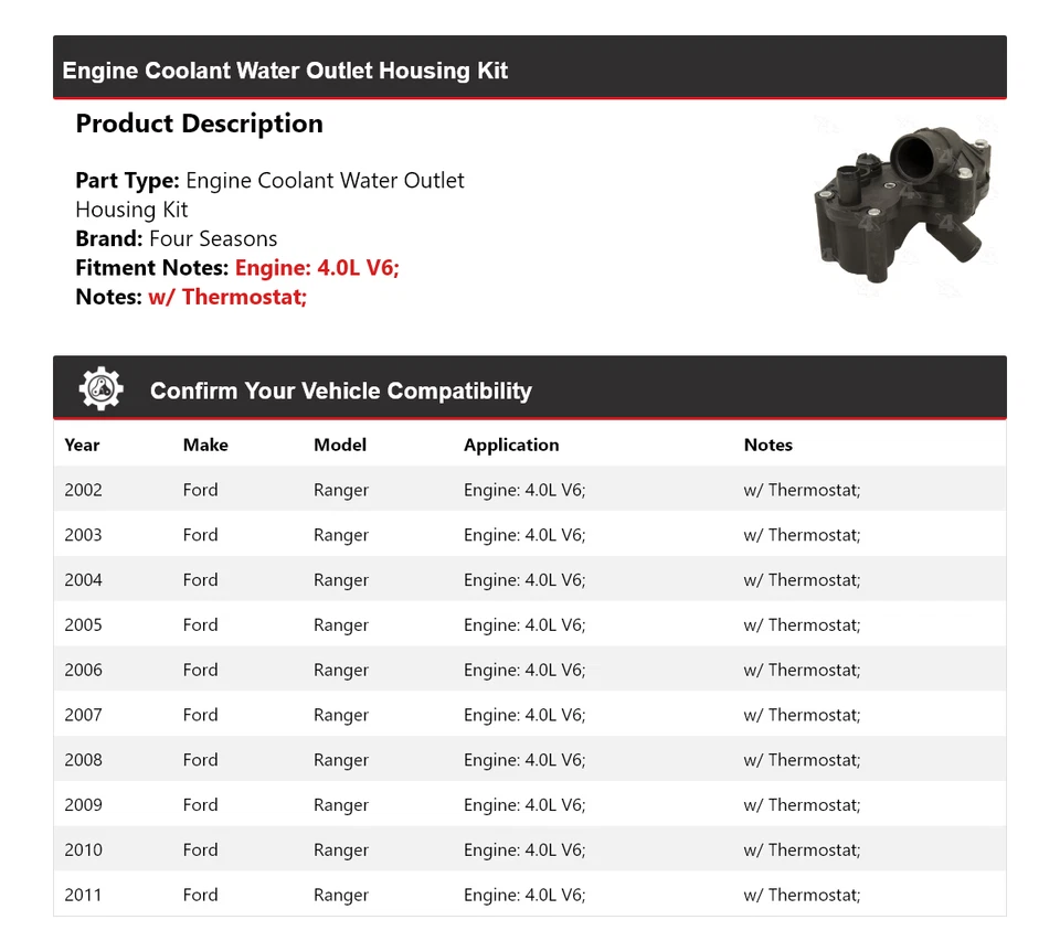 Kit de carcaça de saída de água líquido de arrefecimento do motor Ford Ranger 2002-2011 4 estações 2003 - Imagem 2 de 4