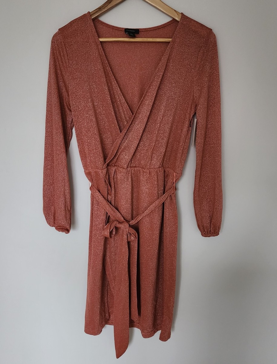 halogen long sleeve dress Halogen Women's Sparkle Long Sleeve Faux Wrap Dress Rust Marsala SZ S