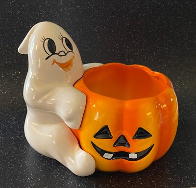 Vtg Halloween Happy Ghost Pumpkin Succulent Planter Pot Anthropomorphic 5     