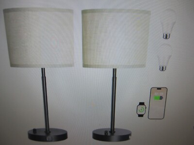 BICIK 22.6 in. Black Table Lamp Set with USB Port and Dimmable Light Bulb 2PK