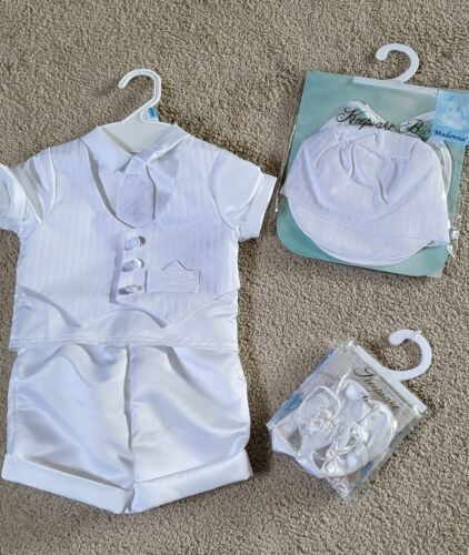 Baby Boy White Christening Baptism Outfit W/ Hat Socks Shoes Bib Tie 6 To 9 mo  - Picture 1 of 12