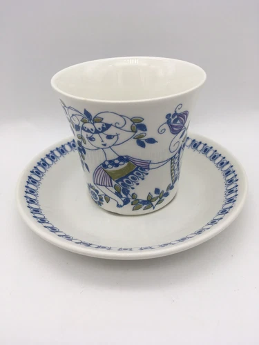 Vintage Lotte Teacup & Saucer by Figgjo Norway Turi Design Woman Flowers Bird