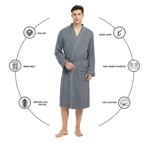 Mens 100% Cotton Robe Lightweight Knit Bathrobe with Pockets 3XL/4XL Iron Gray - Picture 6 of 7