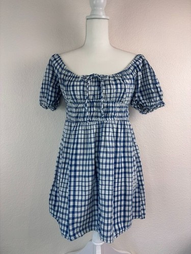 Urban Outfitters Mujer Grande Azul Blanco Cuadros Lechera Pixie Mini Vestido - Imagen 2 de 8