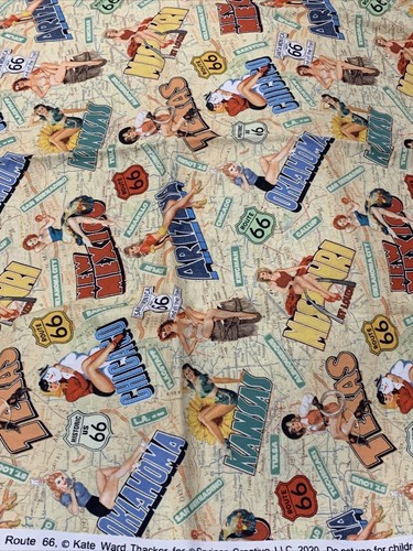 "route 66", Kate Ward United States 1/2 yard 100% cotton Pinup Girls Cowgirls