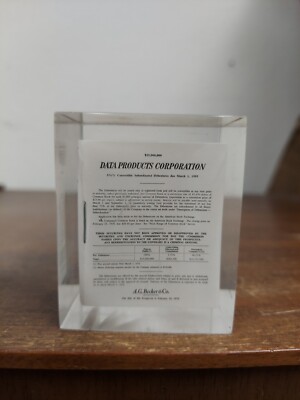 Vintage Lucite Cube Paperweight Data Products Corp Prospectus 2 1/2'' x 2'' VGUC