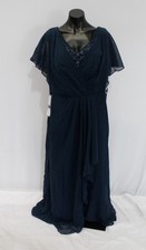Azazie Women's Eliza A-Line V-Neck Pleated Chiffon Dress AP2 Dark Navy Size: A22