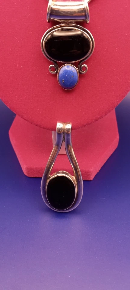 2 colgantes vintage 925 de ónix negro y jaspe azul uno 925 collar 30 pulgadas Foto 3 de 4