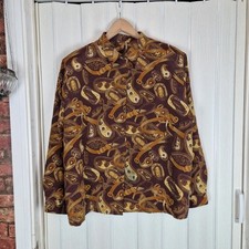 Italian Vintage Paisley Belt Print Blouse UK 18 Brown Shoulder Pad Shirt