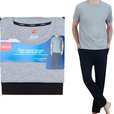 HANES Men's size Large SLEEP SET Tee & Pants GRAY/BLACK Pockets ~ New with Tags