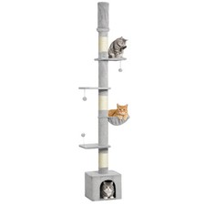 PawHut Floor to Ceiling Cat Tree, 230-250cm Multi-Level Cat Tower Light Grey