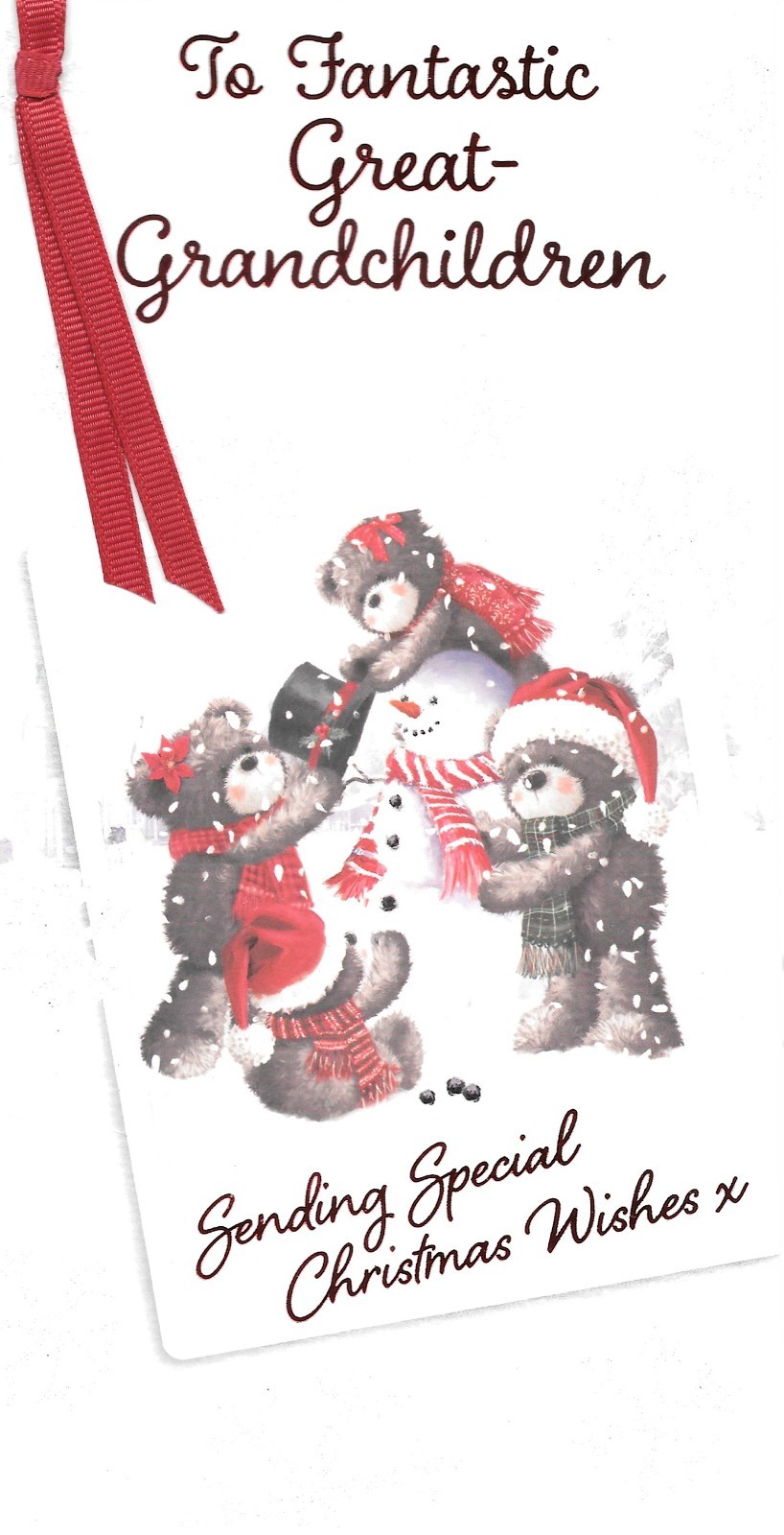 CHRISTMAS CARD TO FANTASTIC GREAT GRANDCHILDREN - BEARS BUILDING A SNOWMAN