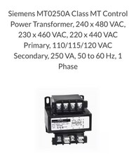 Siemens MT0250A Class MT Control Power Transformer
