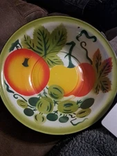 Vintage Porcelain Enamel Ware Metal Large Bowl Wash Basin Vegetable Hand Stencil