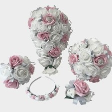 Wedding Flowers Ivory Rose pink heart Bouquet Bride Bridesmaid, Flower-Girl Wand