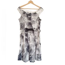 Teri Jon Rickie Freeman Pleated A-line Black White Stripe Abstract Dress size 14