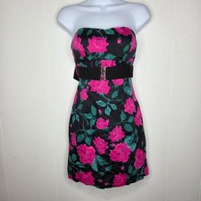 Forever 21 Womens Vintage Y2K Strapless Black Floral Dress Size L Belted Vamp