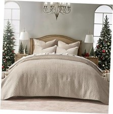 Luxury Velvet Quilt Set King Size 3 Piece, Soft King 104" x 92" Light Taupe