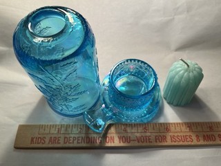 Antiguo candelabro vintage de vidrio Mosser aguamarina azul acebo bayas hadas lámpara