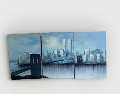 Brooklyn Bridge Skyline NYC painting oil on canvas New York Triptych 3 Panel Vtg