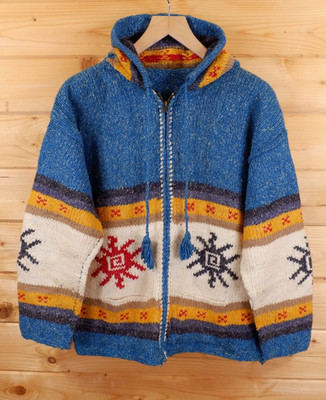 Vintage Wolle Azteken Geometrisch Verrückt Grobstrick Reißverschluss Kapuze Cardigan M Ecuador Sonne
