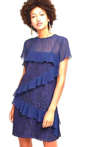 Anthropologie Donna Morgan mini dress ruffle mix lace chiffon blue Sz 4 nwt $188