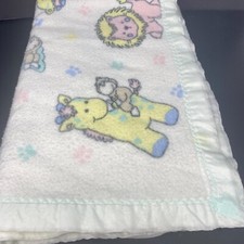 Vintage White Baby Blanket Acrylic Thermal Pastel Lions Giraffe Zebra Satin Trim