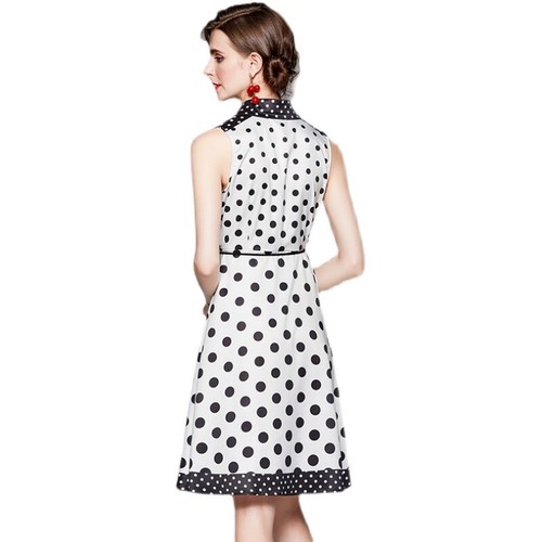 Women New Summer Polka Dot Print Collar Bow Sleeveless Casual Party Midi Dress - Picture 2 of 10
