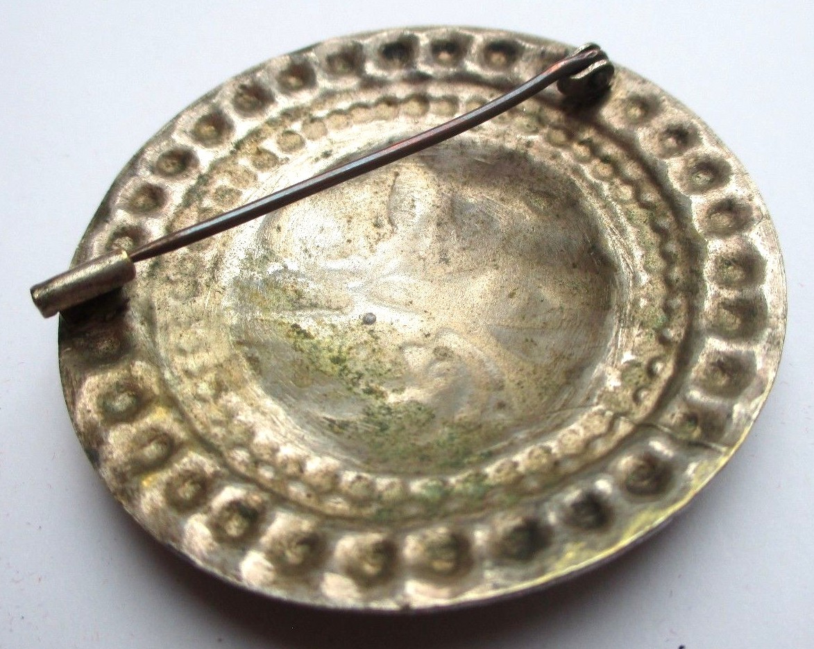 Broche Ronde Argentée Perle Marbrée Vintage Bretagne - Occasion, Sans Défaut, Bijou Ancien