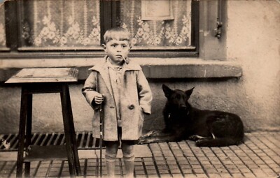 Photo Card - Little Boy Smoking Pipe with His Dog (Brittany?)
