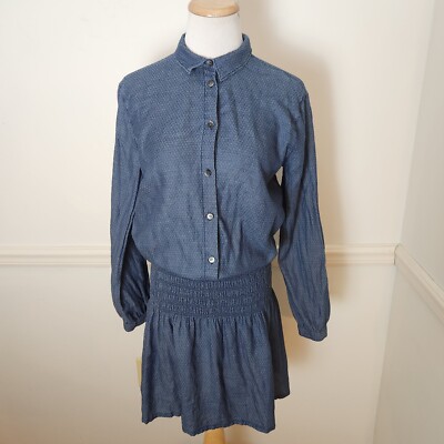 Madewell Shirred Indigo Drop Waist Dress Sz Small Womens Long Sleeve Blue  Smock | eBay