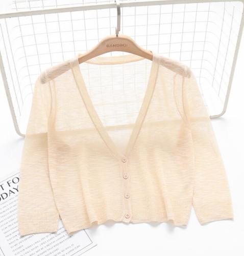 Cardigan donna maglione shrug crop top cappotto manica a 3/4 lavorato a maglia con bottoni trasparente - Foto 18 di 19