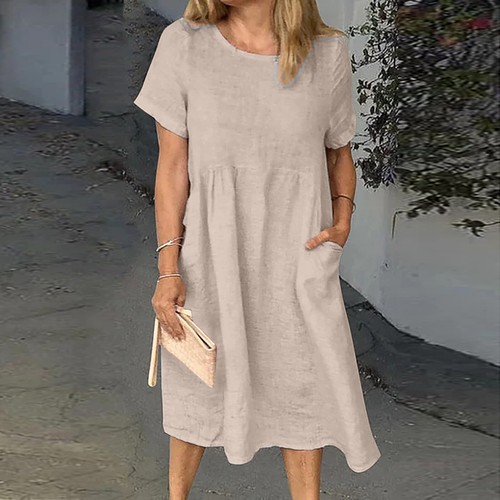 Vestido camisero midi suelto informal de algodón y lino manga corta talla grande para mujer - Imagen 12 de 14