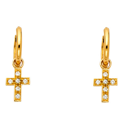 Ioka - 14K Yellow Gold CZ Stone Cross Hanging Huggies Hinged Earrings