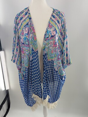 Candy Rose Pink And Blue Open Front Paisley Top Size M/L Tangled Tie Hem 