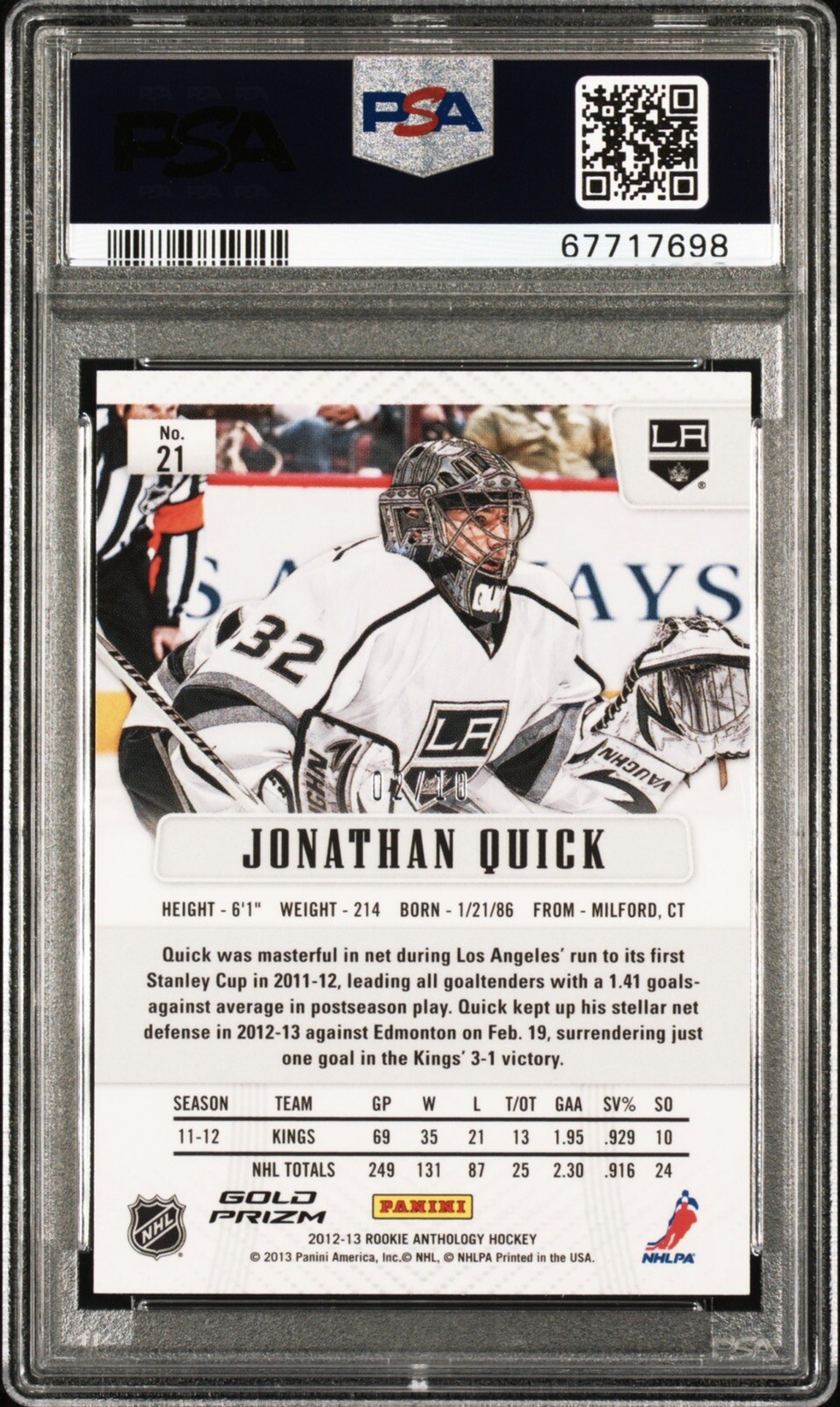 2012-13 Panini Rookie Anthology - Prizm Jonathan Quick #21 Gold Prizm ...