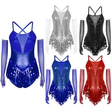 Women Dance Rumba Dancewear Shiny Bodysuit Salsa Unitard Stage Sequin Gloves