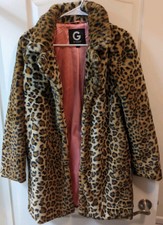 Guess Women's Leopard Animal Print Faux Fur Long Coat Jacket Size Small