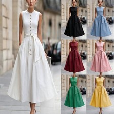 Womens Cotton Linen Maxi Dress Sleeveless Button Front Belted A-Line S-3XL
