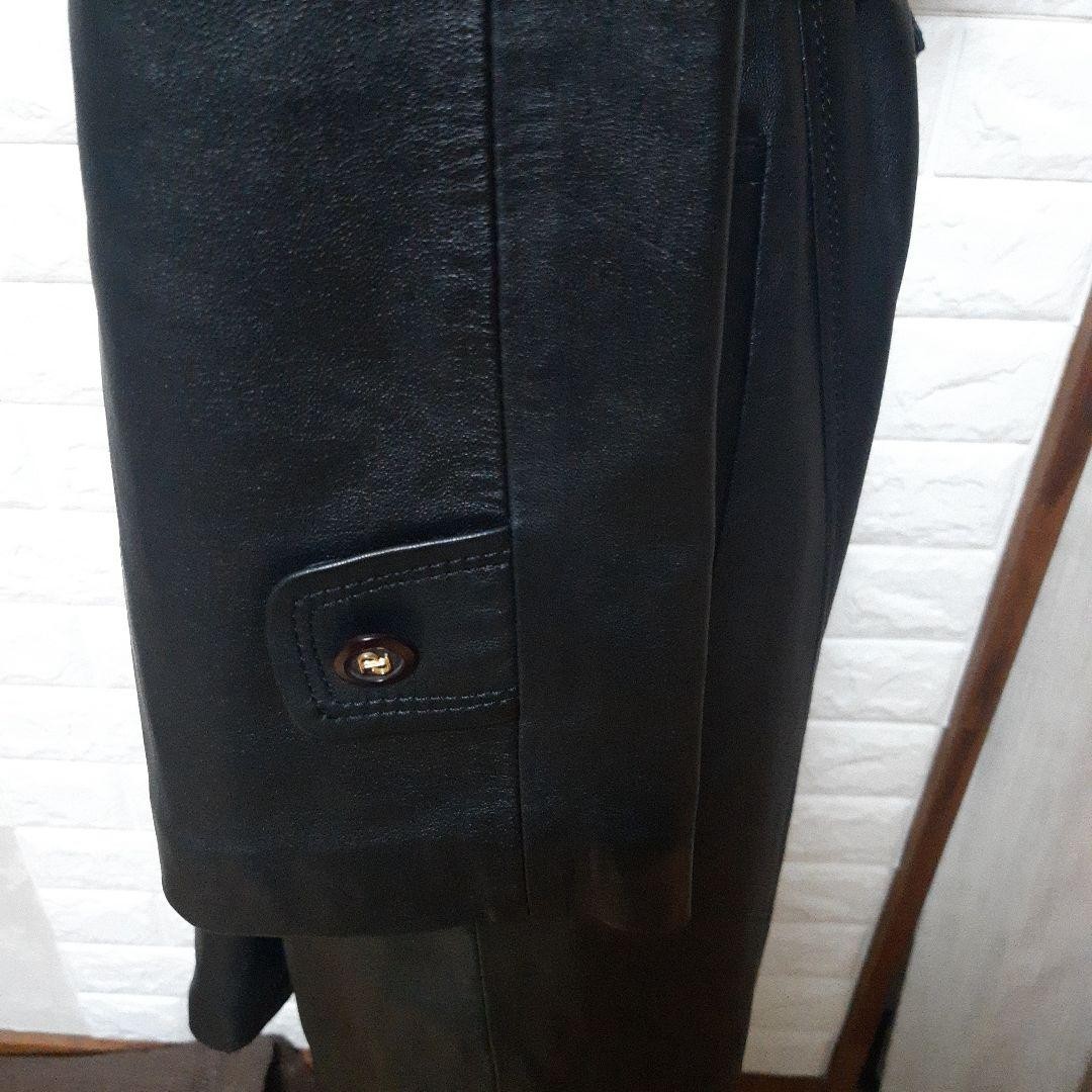 Goat Leather Trench Coat Black Real Fox Fur Collar Long Size 13 From Japan image 9