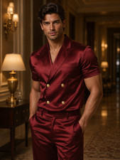 Men Burgundy Silk Satin 2PC Suit Short Sleeve Shirt Pants Club Prom Party Outfit