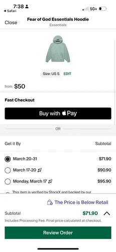 Autentica Felpa con Cappuccio Fear Of God Essentials "Sycamore" Taglia S