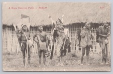 India Assam Naga Dancing Party Tribal Men Spears Ethnographic Postcard