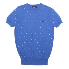 FRED PERRY Womens Blue Polka Dot Patterned Crew Neck Basic Knit UK 10 Cotton